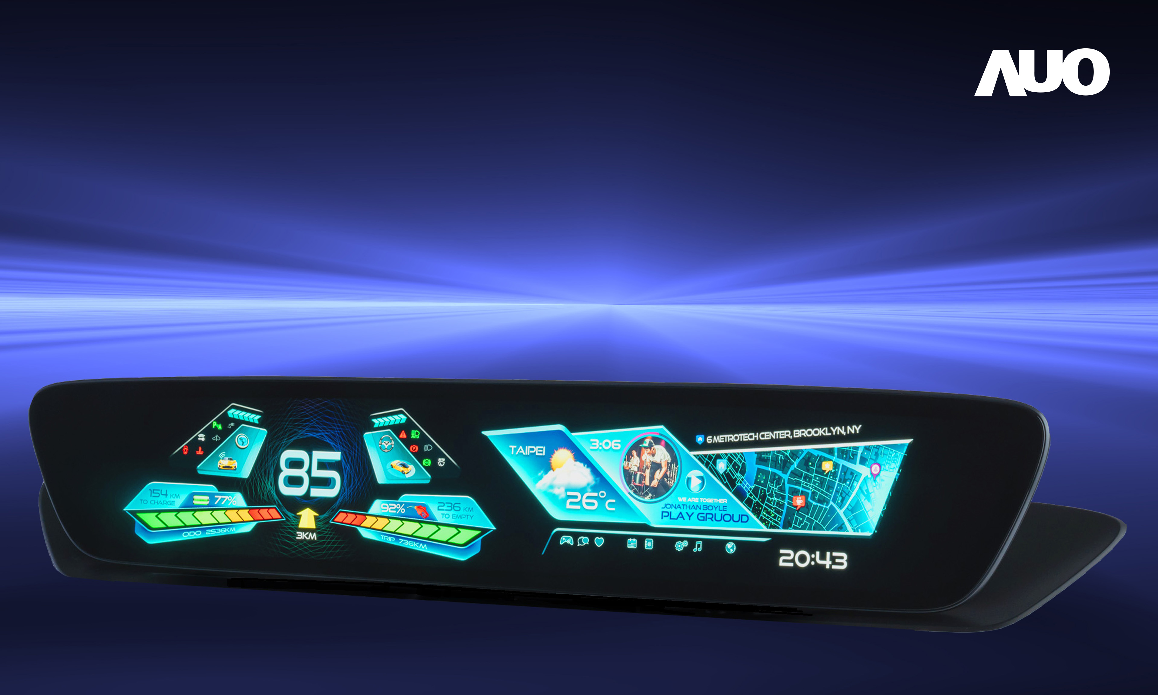 友達30.4吋異形曲面AmLED車載顯示系統，為一兼具儀表板及中控台人機介面的創新車載顯示系統，結合美學設計，提升車內科技沉浸感及使用體驗，讓車載顯示的未來應用更加多元化