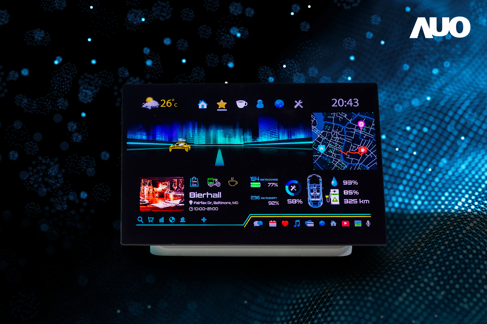 友達16吋超高色域車載中控獲得2025顯示器元件產品技術獎之面板模組類傑出產品獎，首次在車載領域採用藍光COB（LED chip-on-board）搭載量子點（Quantum Dot）膜之Mini LED解決方案實現廣色域