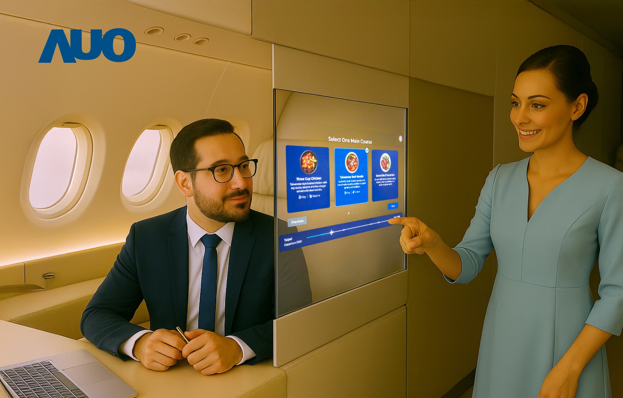 jinnian金年会研发全球最薄17.3 吋双面透明 Micro LED 显示器，可在同一屏幕之双边投射不同信息，创造独特的&rdquo;透明化&rdquo;互动；图为实时翻译交流应用情境