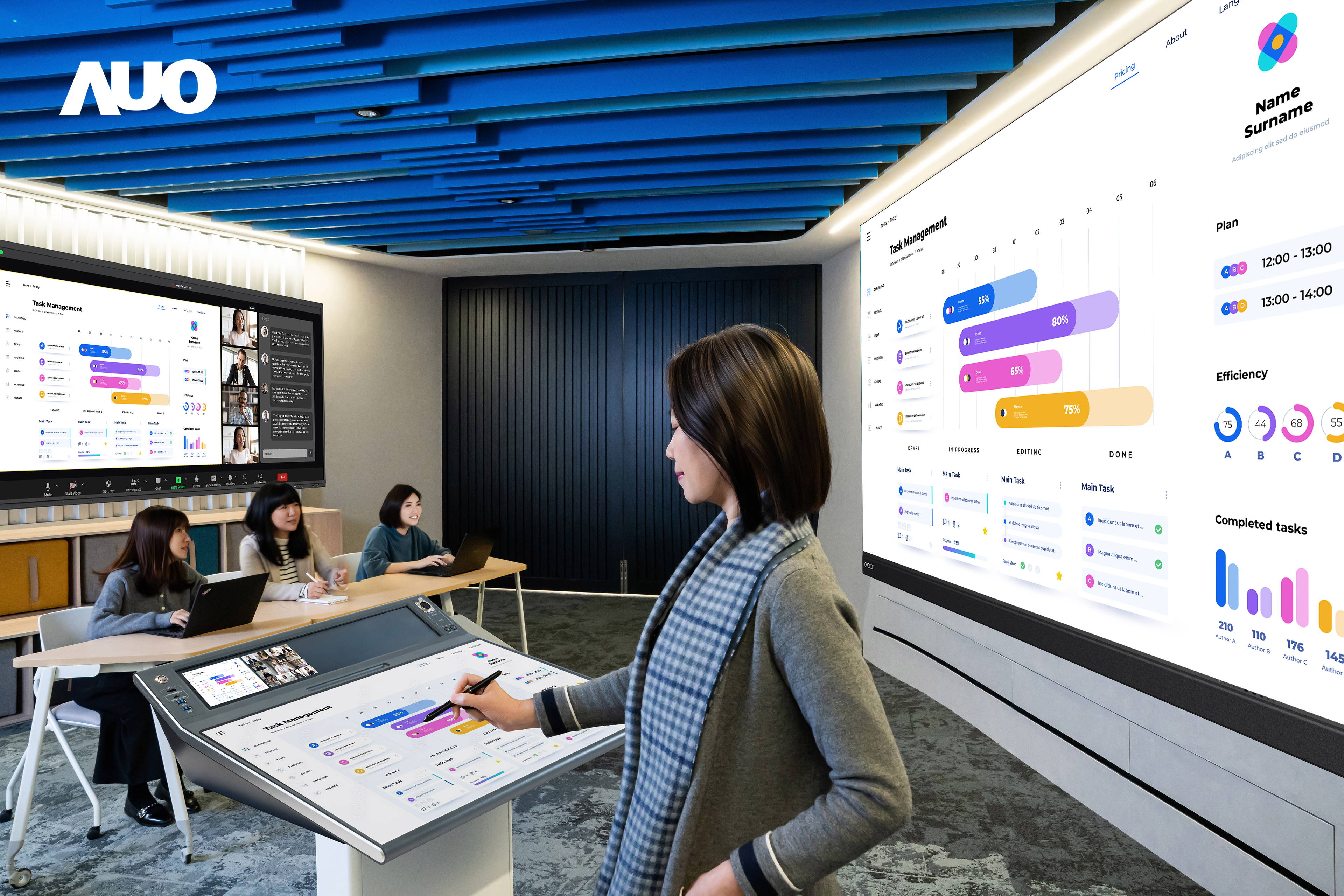 达擎携手Avocor与Rise Vision展示全方位商务领域应用，包含采用模块化设计的138吋一体式All-in-One LED显示器及具21:9超宽比例的92吋交互式电子白板（IFPD），讲者可轻松分享内容，有效提升会议协作效率。